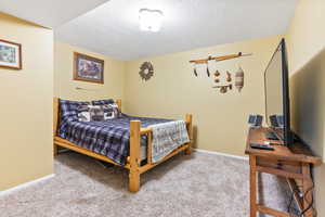 Bedroom featuring carpet flooring and a textured ceiling