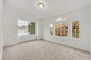 Spare room with a healthy amount of sunlight, light carpet, and vaulted ceiling