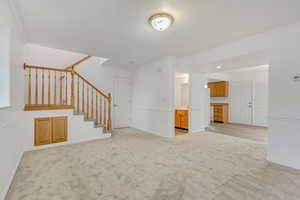 Unfurnished living room featuring crown molding and light carpet