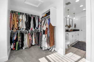 Spacious closet with light carpet