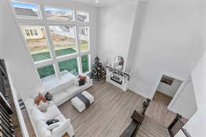 Living room with a healthy amount of sunlight, a high ceiling, and light hardwood / wood-style flooring