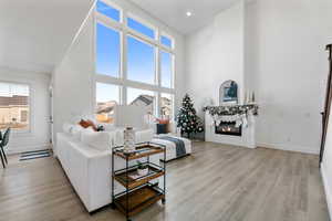 Living room featuring light wood-type flooring and a towering ceiling