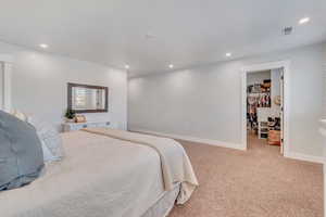 Carpeted bedroom featuring a spacious closet