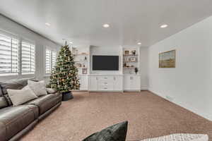 Living room featuring light colored carpet and built in features