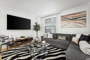 Living room featuring crown molding and hardwood / wood-style flooring