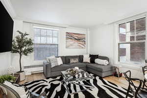 Living room with hardwood / wood-style floors, a healthy amount of sunlight, and crown molding