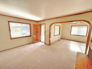 Unfurnished living room featuring plenty of natural light, light colored carpet, and a textured ceiling