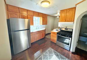 Kitchen featuring appliances with stainless steel finishes, tasteful backsplash, dark wood-type flooring, exhaust hood, and sink