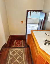 Doorway with dark hardwood / wood-style flooring