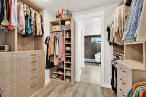 Walk in closet with light wood-type flooring