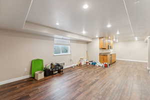 Playroom featuring dark hardwood / wood-style flooring and sink