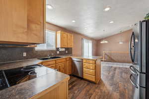 Kitchen with backsplash, stainless steel appliances, sink, dark hardwood / wood-style floors, and hanging light fixtures