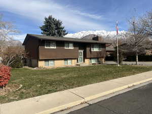 Split foyer home with a mountain view and a front lawn