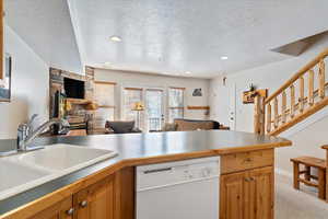 Kitchen featuring sink, white dishwasher, a textured ceiling, light carpet, and a fireplace