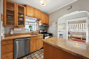 Kitchen with appliances with stainless steel finishes, a wealth of natural light, ornamental molding, and sink