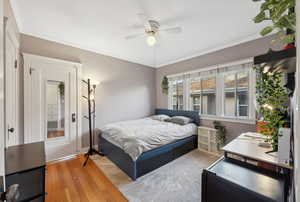 Bedroom with hardwood / wood-style floors, ceiling fan, and crown molding