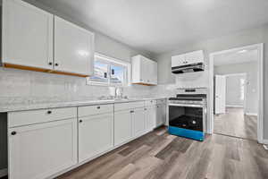 Kitchen featuring stainless steel range, white cabinets, tasteful backsplash, and sink