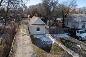 Exterior space with a storage shed