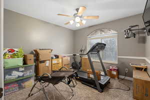 Workout room featuring light carpet and ceiling fan