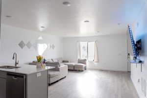 Fresh New White Paint! Living room with sink and light wood-type flooring.