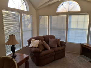 Carpeted living room featuring lofted ceiling