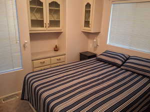 Bedroom with dark colored carpet