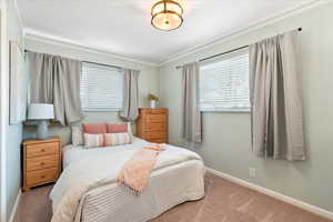 Carpeted bedroom with ornamental molding