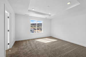 Empty room with carpet flooring and a tray ceiling