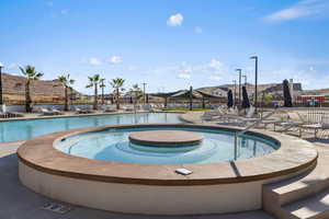 View of swimming pool with a hot tub