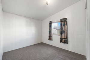 Spare room featuring carpet and lofted ceiling