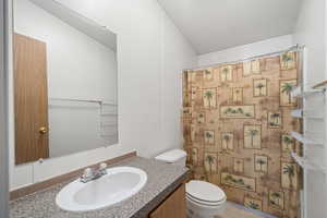 Bathroom with crown molding, vanity, and toilet