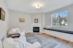 Cozy fireplace and window seat