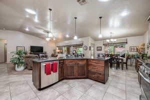 Kitchen featuring dark brown cabinetry, vaulted ceiling, stainless steel appliances, an island with sink, and dark stone countertops