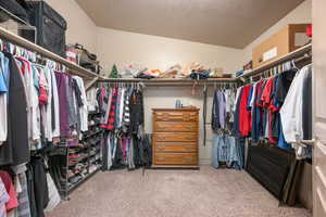 Walk in closet featuring light carpet