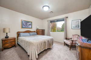 Bedroom featuring light colored carpet and a textured ceiling