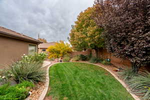 Fenced backyard featuring a patio