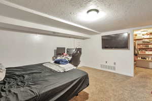 Carpeted bedroom featuring a spacious closet and a textured ceiling