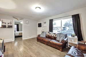 Living room featuring hardwood / wood-style flooring and a textured ceiling