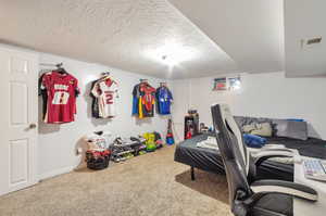 Carpeted bedroom with a textured ceiling