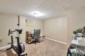 Carpeted office featuring a textured ceiling