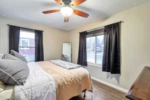 Bedroom with ceiling fan and dark hardwood / wood-style flooring