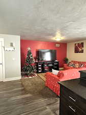 Living room with hardwood / wood-style floors and a textured ceiling