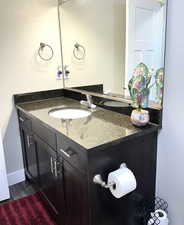 Bathroom featuring vanity and wood-type flooring