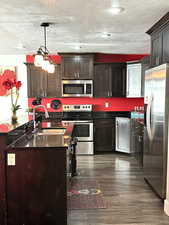 Kitchen with appliances with stainless steel finishes, dark brown cabinets, dark wood-type flooring, sink, and hanging light fixtures