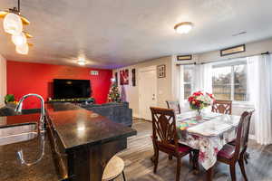 Dining room with a textured ceiling, wood-type flooring, and sink