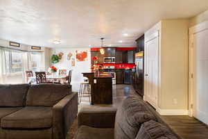 Living room featuring dark hardwood / wood-style flooring, a textured ceiling, and sink