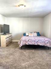 Carpeted bedroom featuring a textured ceiling