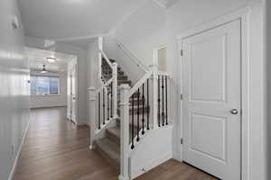 Stairs with ceiling fan and hardwood / wood-style floors