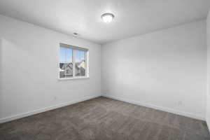 Carpeted spare room featuring a textured ceiling