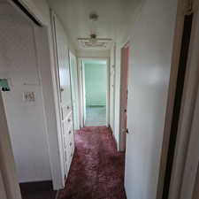 Hallway with dark carpet